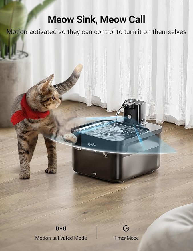 DownyPaws Battery Operated Cat Water Fountain Stainless Steel, 84oz/2.5L Fursink Wireless Pet Water Fountain for Cats Inside, Automatic Cat Waterer Fountain with Faucet, Quiet Pump, BPA-Free, Black - PAWPICO
