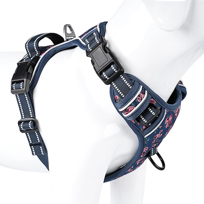 Timos Dog Harness for Large Dog, No Pull Service Vest with Reflective Strips and Control Handle,No Choke Dog Harness with 2 Metal Rings for Easy Walking,Outdoor Training,Flower Blue, XL Timos