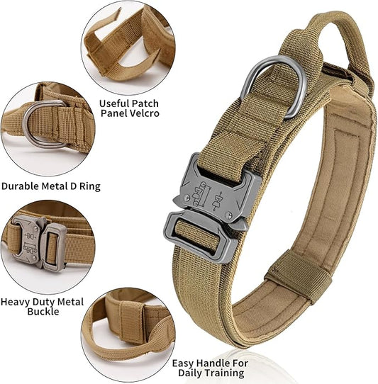 Tactical Dog Collar - Military Dog Collar, Adjustable Heavy Duty Metal Buckle Nylon Dog Collar with Control Handle for Small Medium Large Dogs, (Brown, L) ANTSWISH