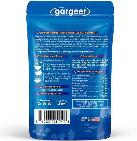 4oz Hermit Crab Mineral Supplement. Using Premium Ingredients ONLY, You Will Now Promote Optimal Growth, Exoskeleton Formation, and Support The Molting Process. Enjoy! Gargeer