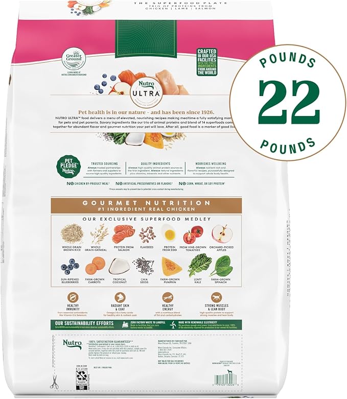 Nutro Ultra Adult Small Breed Dry Dog Food, Chicken, Lamb and Salmon Protein Trio, 22 lb. Bag - PAWPICO