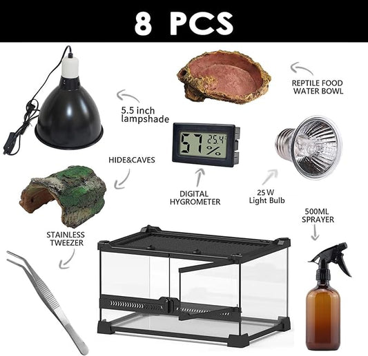 Reptile Glass Terrarium Kit (8 Pieces) 12 * 8 * 8 in,Double Door Amphibian Tank Starter Kit, Suitable for Small Reptiles Such as Geckos, Snakes, Lizards, Chameleons,Serpents SARUFO