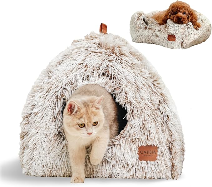 CATISM Cat Bed, Cat Cave for Indoor Cats, Soft Cat Dome, Self-Warming 2 in 1 Foldable Pet Cat House with Washable Cushioned Pillow Calming Fluffy Dog Beds for Small Dogs with Anti-Slip Bottom Brown - PAWPICO