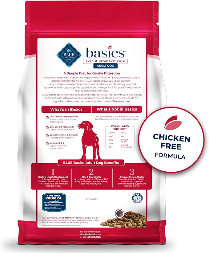 Blue Buffalo Basics Adult Dry Dog Food, Skin & Stomach Care, Limited Ingredient Diet for Dogs, Salmon Recipe, 24-lb. Bag - PAWPICO