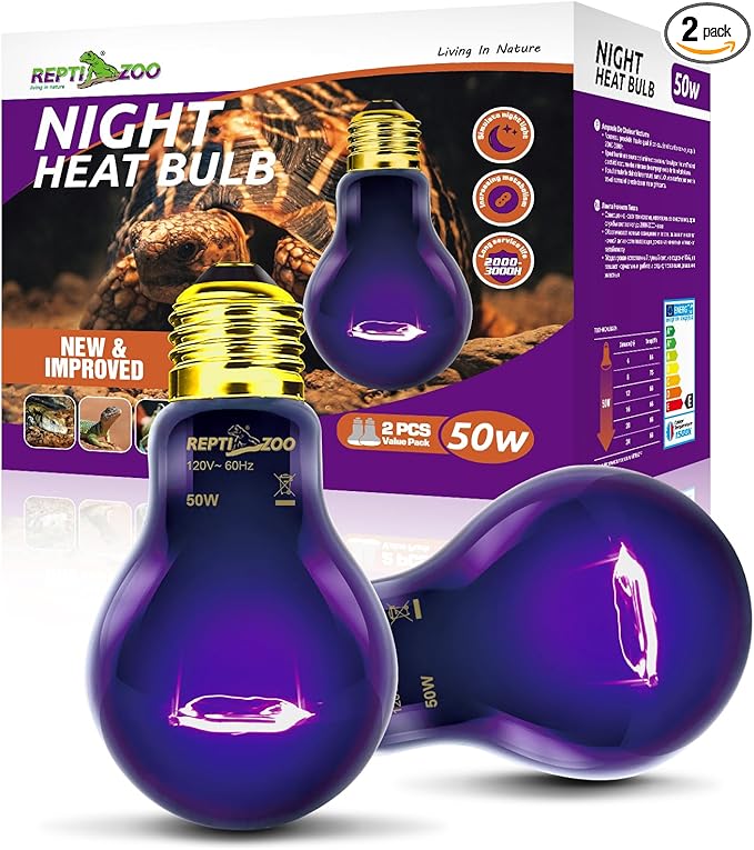 REPTIZOO 2PCS Reptile Night Heat Lamp, 50W Moonlight Heat Bulb Infrared Heating Lamp Purple Reptile Heat Lamp Night Bulb for Bearded Dragon, Lizard, Snake, Turtle REPTIZOO