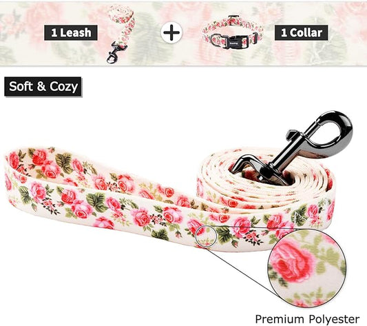 Ihoming Dog Collar and Leash Set for Daily Outdoor Walking Running Training, Pink Flowers Design for Medium Boys Girls Dogs Cats Pets, M-Up to 45LBS Ihoming