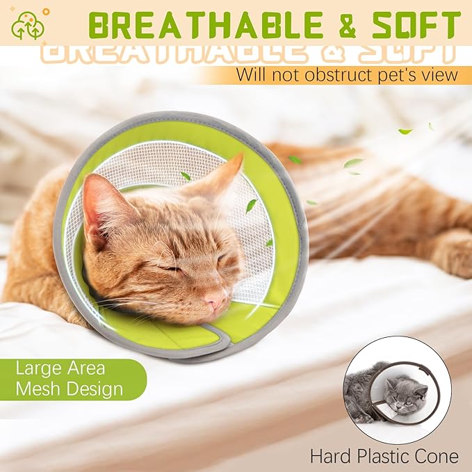 Cat Cone, Breathable Cat Cone Collar Soft, Adjustable Cat Cone to Stop Licking, Water Resistant Neck Cone for Cats with Air Mesh, Protective Cat Recovery E Collar for Cat Kitten(Green, S-2 GoGoPaw