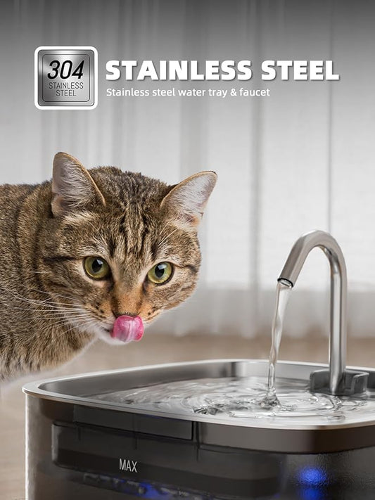 Cat Water Fountain: 75oz/2.2L Automatic Pet Water Dispenser for Cats, 304 Stainless Steel Faucet & Lid Cat Water Bowl Dispenser, Super Silent Pet Water Fountain for Cats Inside, Pump with LED Light - PAWPICO