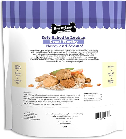 Three Dog Bakery Assort Mutt Cookie Trio, Soft Baked Treats for Dogs, Three Flavor; Oatmeal and Apple, Peanut Butter, and Vanilla, 3 Pound Bulk Resealable Pack - PAWPICO