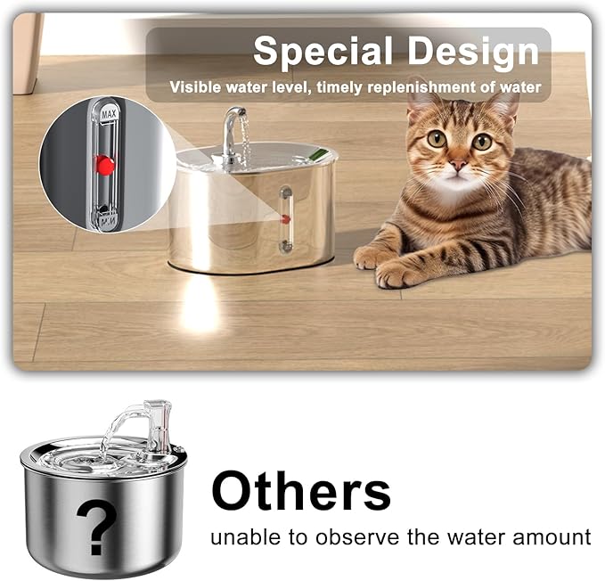 Joric Cat Water Fountain Stainless Steel, 2.5L/85oz Automatic Cat Water Dispenser with Water Level,Water Fountains for Cats Indoor,Super Silent Suitable for Multiple Pets, 2 Pack Filter Replacement - PAWPICO