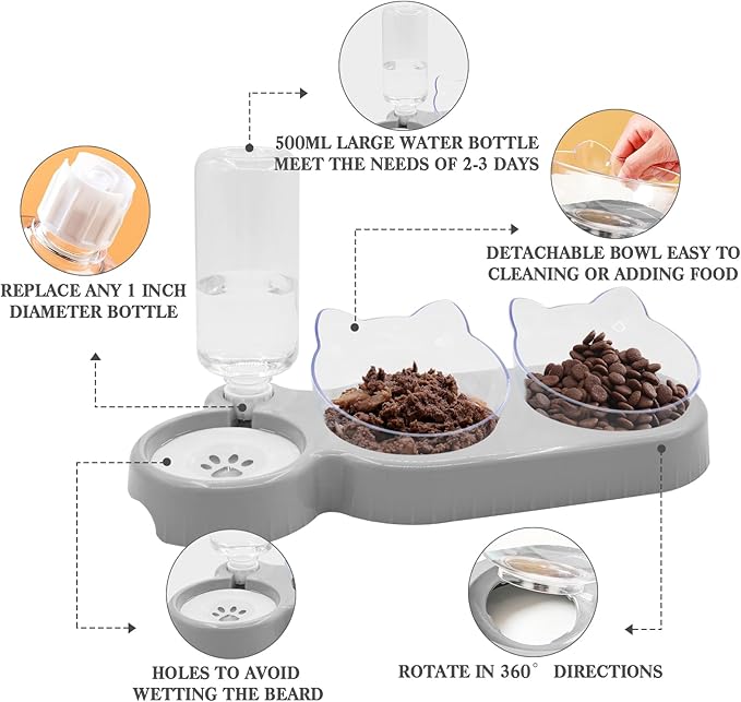 Triple Cat Bowls,15°Tilt 3-in-1 Water Feeder Bowls Cat Double Food Bowls with Automatic Water Bottle Bowl, Whisker Friendly Wet and Dry Cat Elevated Feeding Dishes for Small Cat and Puppy (Lead White) - PAWPICO