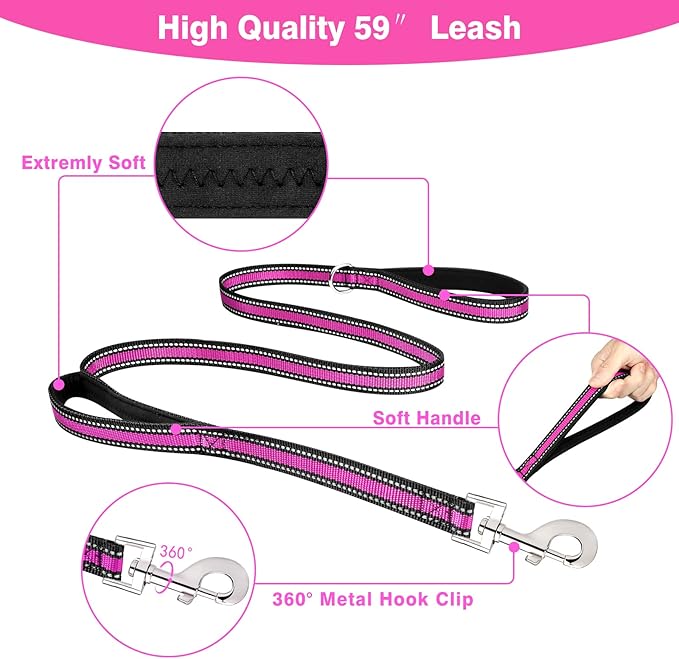 WINSEE Pet Harness Collar and Leash Set, All-in-one Reflective Dog Harness No Pull with Adjustable Buckles for Puppies, Small, Medium, Large, and Extra-Large Dogs (Large, Rosy) WINSEE