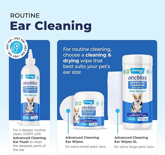 VETNIQUE Oticbliss Advanced Cleaning Ear Wipes for Dogs for Odor Control, Dirt and Wax Removal with Soothing Aloe Vera, Salicylic Acid & Vitamin E, (Ear Cleaning Wipes, Advanced Cleaning Large) VetniqueLabs