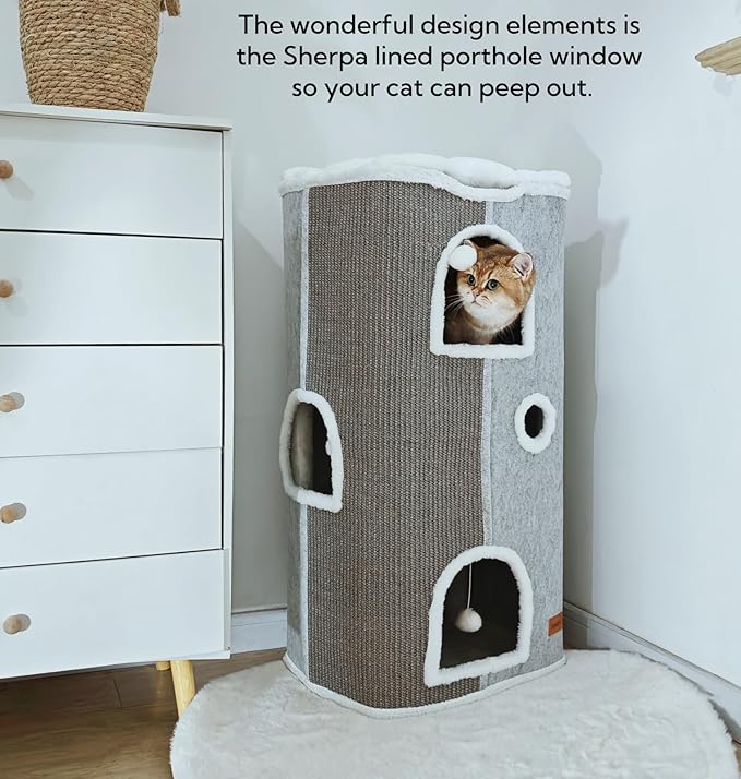 4-Level Cat House for Indoor Cats, Large Adult Cat Peekaboo Cave Bed Cats Cube Houses with Scratch Pad Cat Towers Cute Kitten Condo Hideaway Hut for Multi Pets Under 55 lbs Light Grey - PAWPICO