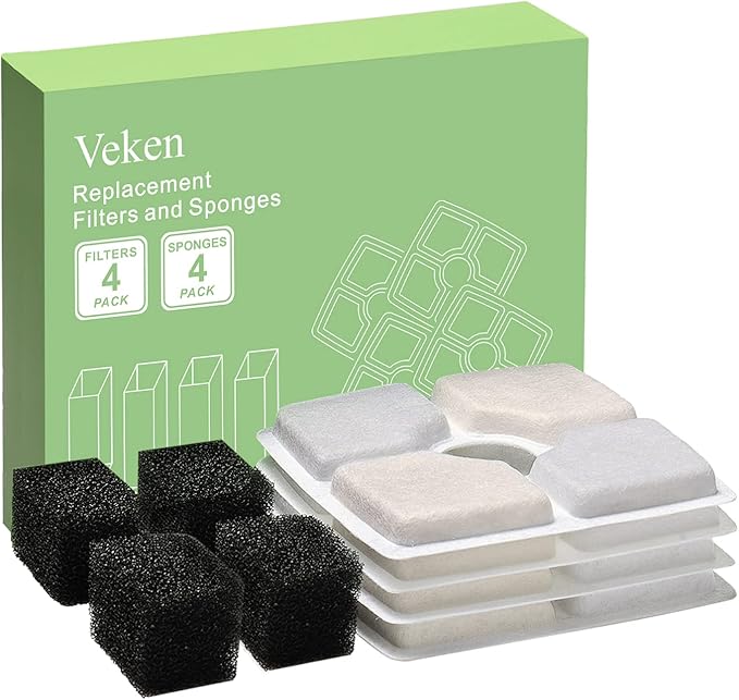 Veken 4 Pack Replacement Filters & 4 Pack Replacement Pre-filter Sponges for Automatic Pet Fountain Cat Water Fountain Dog Water Dispenser - PAWPICO