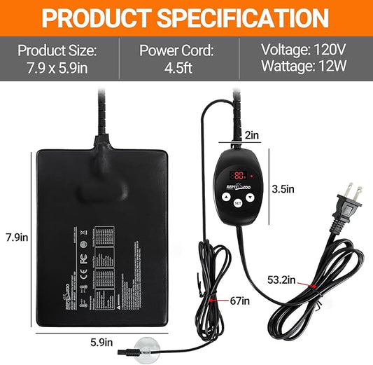 REPTI ZOO 6" X 8" Reptile Heat Pad Fast Heating Pad with Adjustable Thermostat 12W Reptile Heat Mat for Turtles/Hermit Crabs/Bearded Dragons/Leopard Geckos/Snakes/Lizards, and Seed Germination REPTIZOO