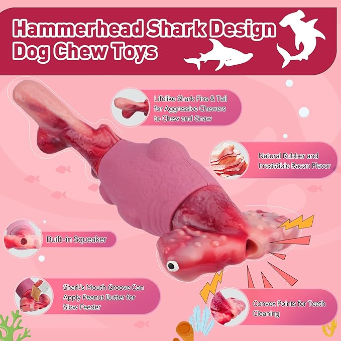 Dog Toys for Aggressive Chewers, Interactive Dog Chew Toys for Large Dogs, Indestructible Squeaky Dog Toys to Keep Them Busy, Tough Dog Toys for Medium/Large Breed Dogs (Pink, Hammerhead Shark) - PAWPICO