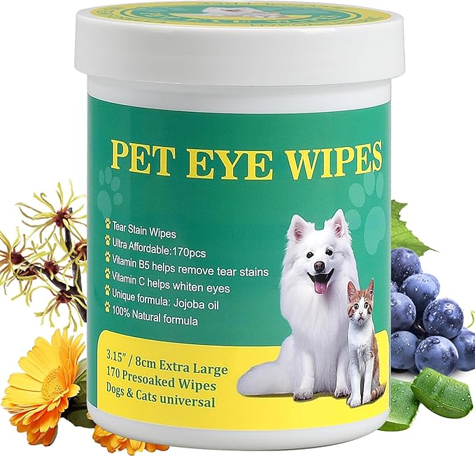 OPULA 170pcs Dog Eye Wipes, 3.15“/8CM Dog Tear Stain Remover Wipes, Pet Eye Wipes for Dogs and Cats, Remove Crust DischargeMucus Secretions, Dog Eye Wash Pads for White Dogs, Clean and Moisturize perfectgiftforvinylrecordscollector