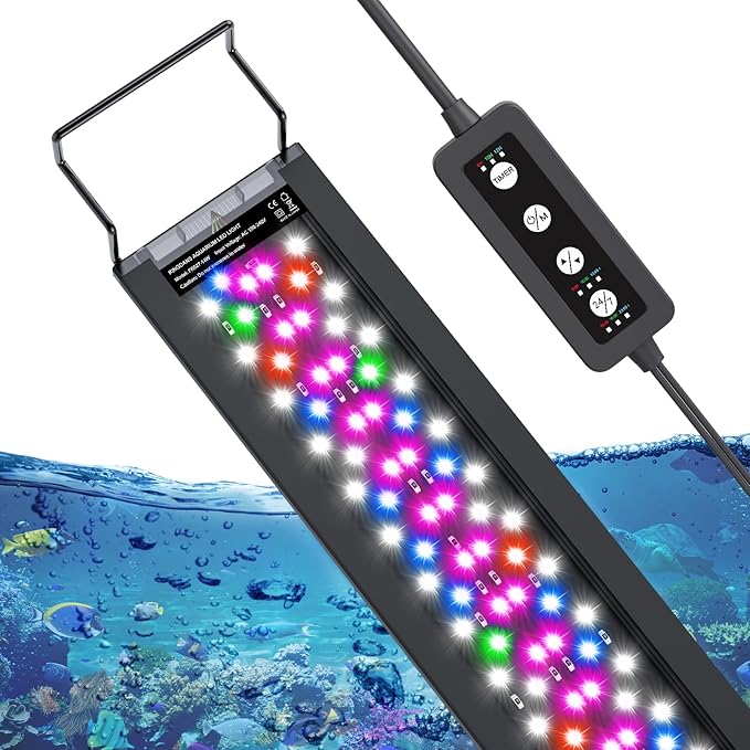 Aquarium Light for Fish Tank, Full Spectrum LED Aquarium Light for Plants, Adjustable Brightness, Timer Auto On/Off, White Blue Red Green Pink LEDs with Extendable Brackets for 48-54 Inch Tanks KINGDANS