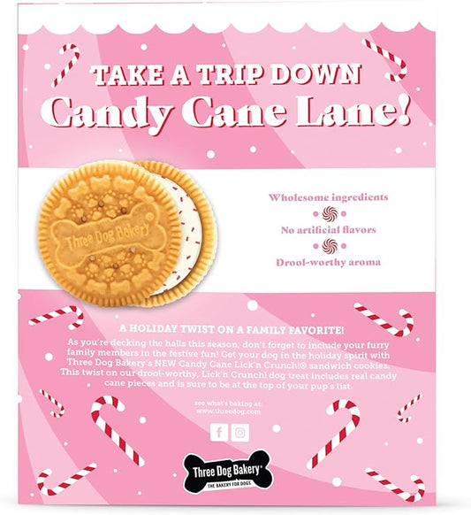 Three Dog Bakery Candy Cane Lick'n Crunch, Vanilla Cookie w/Vanilla Crème Flavored Filling with bits of Candycane, 13 Ounces Each - PAWPICO