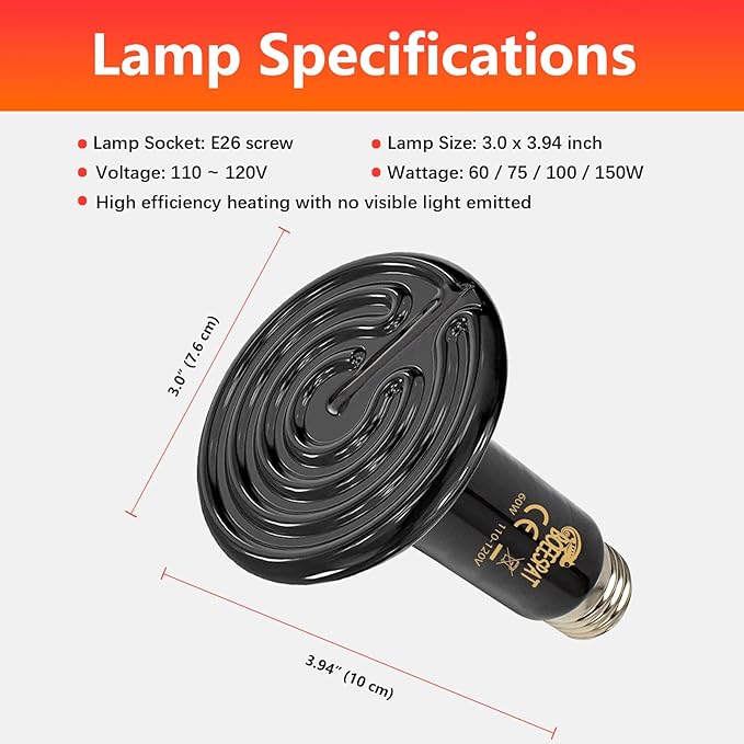 100W Ceramic Heat Emitter for Day and Night Use, Pack of 2 Reptile Basking Heat Lamp for Bearded Dragon, Lizard, Iguana & Amphibians (Black, 100 Watts) BOEESPATDirect