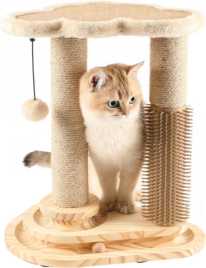 Made4Pets Cat Scratching Post, Cat Self Groomer for Indoor Cats, Cloud Soft Perch for Rest, 17.5" Tall Natural Sisal Scratcher Cat Grooming Interactive Ball Track Toys for Small Cats Kittens - PAWPICO
