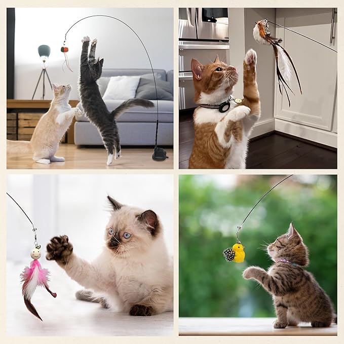 Interactive Suction Cup Cat Toy for Indoor Cat, Long Tail Feather Bird, Spring Wire Suctions to Ground, Hands Free Bird Simulation Cat Toy Wand Set that Sticks to Floor, Feathers & Bells - PAWPICO