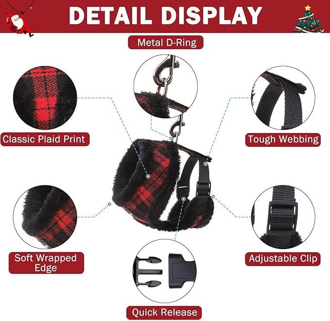 SCENEREAL Small Dog Harness Collar and Leash Set, Warm Fleece No Pull Puppy Vest Harness, Christmas Dog Outfit No Chock Adjustible Step in Pet Halter for Outdoor Walking Training, Red Plaid XS - PAWPICO