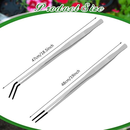 Lasnten 2 Pcs Extra Long Stainless Steel Reptile Feeding Tongs with Rubber Tip Bearded Dragon Aquarium Straight and Curved Long Tweezer Terrarium Feeder Tool for Tank(Silver, 18.5 Inch, 18.9 Inch) Lasnten