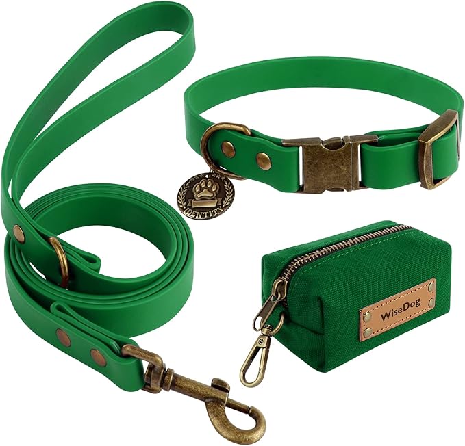 Wisedog Dog Collar and Leash Set Combo: Adjustable Durable Pet Collars with Dog Leashes for Small Medium Large Dogs,includes One Bonus of Poop Bag Holder (M, Deep Green) WisedogPetSupplies