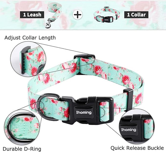 Ihoming Dog Collar and Leash Set for Daily Outdoor Walking Running Training, Floral Spring Design for Small Boys Girls Dogs Cats Pets, S-Up to 20LBS Ihoming