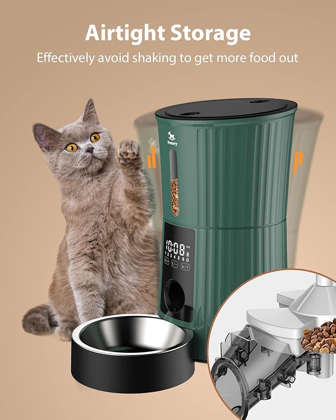 Petory Timed Automatic Cat Feeders - 4L Programable Dry Food Dispenser for Cats and Small Medium Dogs 6 Meals with Desiccant Bag Dual Power Supply 10S Voice Recorder - PAWPICO