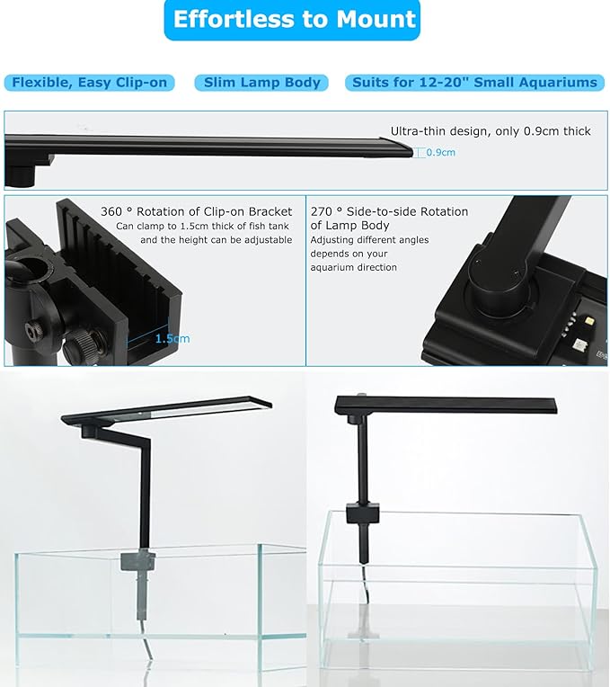Zingbabu Aquarium Light, 12-20" 20W Full Spectrum LED Clip On Fish Tank Light, 270° Rotation Fish Lamp, Exclusive for 2-15 Gallon Fish Tanks, Freshwater Aquarium Lights for Plants ProfessionalPhotographyLight
