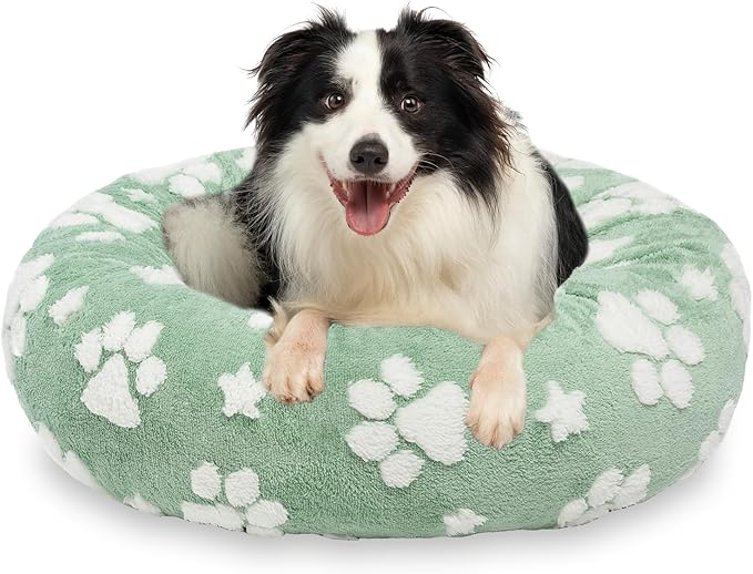Donut Dog Beds for Medium Dogs, Calming Round Cat Beds for Indoor Cats, Cute 3D Textured Paw Pet Bed with Removable Washable Cover and Anti-Slip Bottom(Green,30") - PAWPICO
