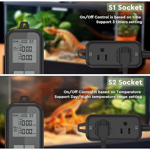 Reptile Thermostat, Reptile Light Timer for Temperature and Lighting Control, Day-Night Timer Thermostat with Reptile Thermometer for UVB Light, Heat Lamp, Heating Pad, 10A 1250w REPTITRIP