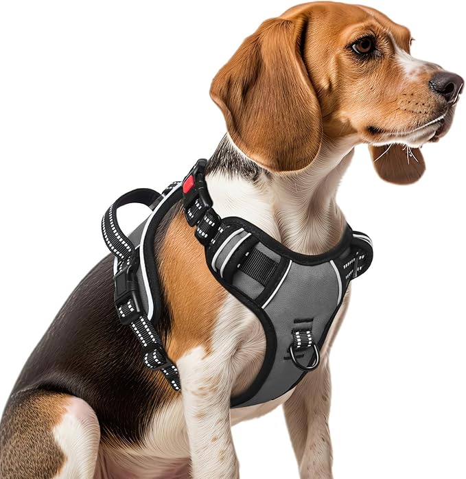 Timos Dog Harness Medium Sized, No Pull Dog Harness with Neck Lockable Snap,No Choke Front Clip Dog Reflective Harness,Adjustable Metal Rings 3 Buckles,Easy Control Handle for Medium Dogs Gray M Timos