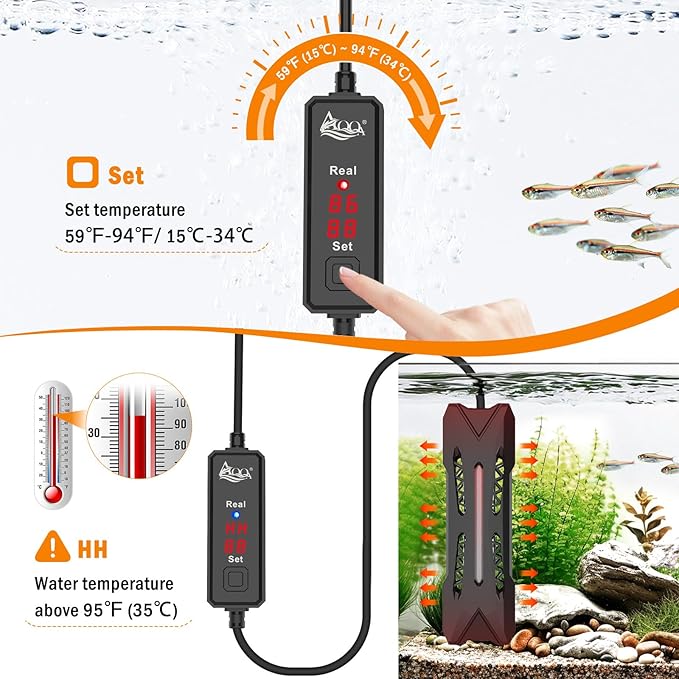 AQQA Small Aquarium Heater,Submersible Fish Tank Heater Adjustable Temperature,Mini Short Dual-use Fish Heater with LED Digital Display Thermostat,Saltwater Freshwater 250W AQQA