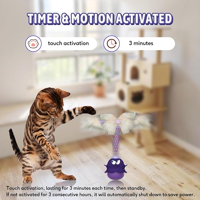 LEWISER Cat Toys Monster, 3in1 Rechargeable Automatic Interactive Cat Toy for Indoor Cats Exercise, Real Feathers, Silicone and Butterfly Tail, LED Lighting, Mice Squeak Chirping, Purple - PAWPICO