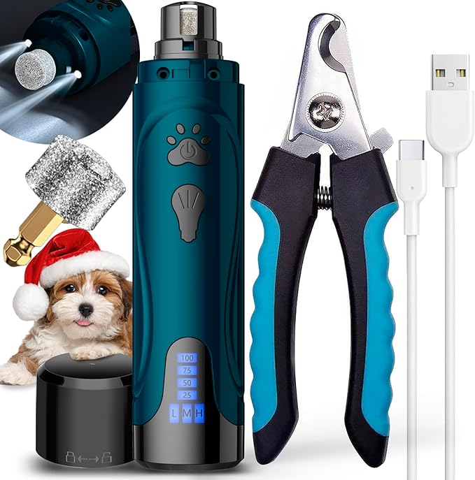 Dog Nail Grinder, Dog Nail Trimmers and Clippers Kit, Super Quiet Electric Pet Nail Grinder, Rechargeable, for Small Large Dogs & Cats Toenail & Claw Grooming,3 Speeds, 2 Grinding Wheels (A-Dark Blue) - PAWPICO