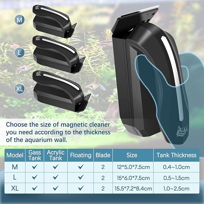 AQQA Aquarium Magnet Glass/Acrylic Cleaner,Fish Tank Cleaner Brush,Magnetic Algae Scrapers Cleaning Tools with 2 Detachable Scrapers,Floating Freshwater Saltwater (M) AQQA