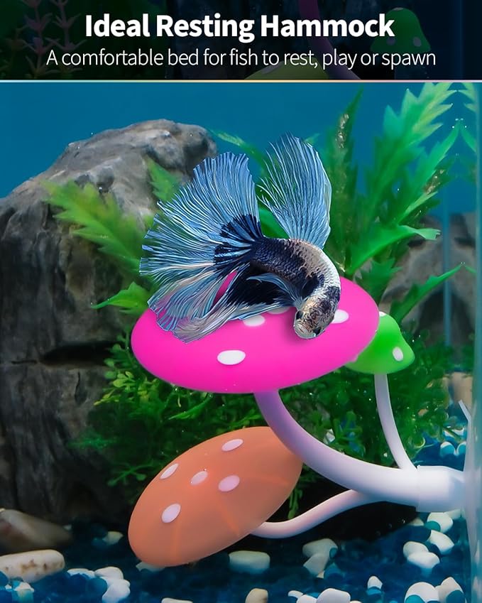 Uniclife Betta Mushroom Hammock Soft Aquarium Rest Bed Fish Breeding Playing Pad with Suction Cup Silicone Ornament Decoration Colorful Lifelike Decor for Fish Tank Landscape, 2 Pack UnicLife