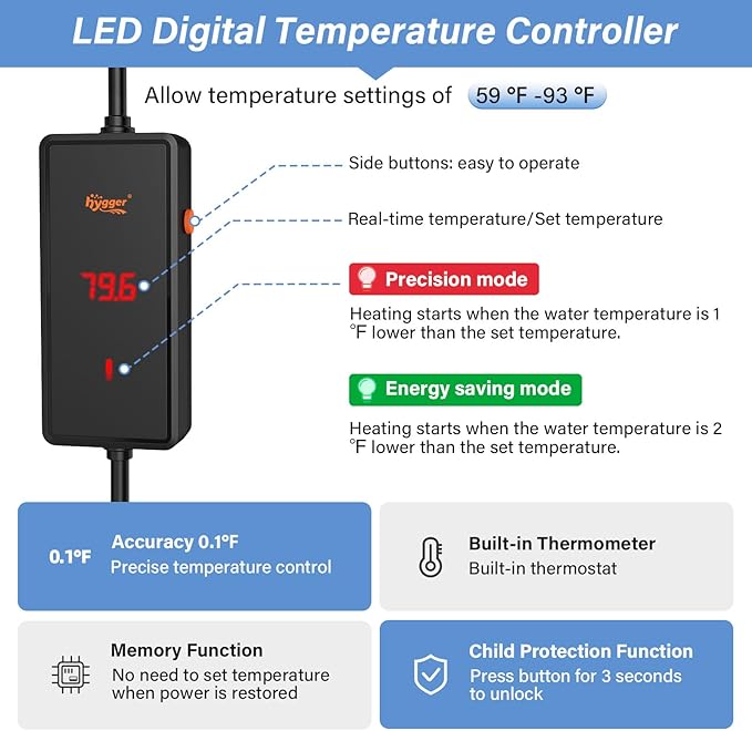 hygger 500w Aquarium Heater, Submersible Fish Tank Heater with Digital LED Controller and Intelligent Leaving Water Automatically Stop Heating System,for 75-130 Gallon Tanks hygger