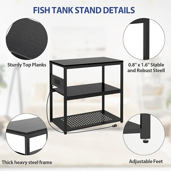 20-29 Gallon Fish Tank Stand with Power Outlets, 3-Tier Metal Aquarium Stand, Breeder Reptile Tank Stand with Shelf for Home Office, 660LBS Capacity, 29.5 x 15.8 x 30.1 inches, Black Livofloral
