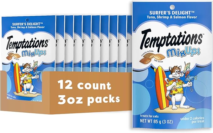 TEMPTATIONS MIXUPS Crunchy and Soft Cat Treats SURFERS' DELIGHT Flavor, (12) 3 oz. Pouches Temptations