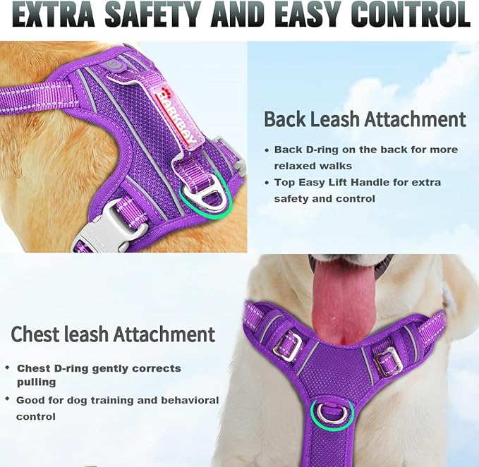 BARKBAY No Pull Dog Harness Large Reflective Dog Harness with Front Clip and Easy Control Handle for Walking Training Running with ID tag Pocket(Purple,M) BARKBAY