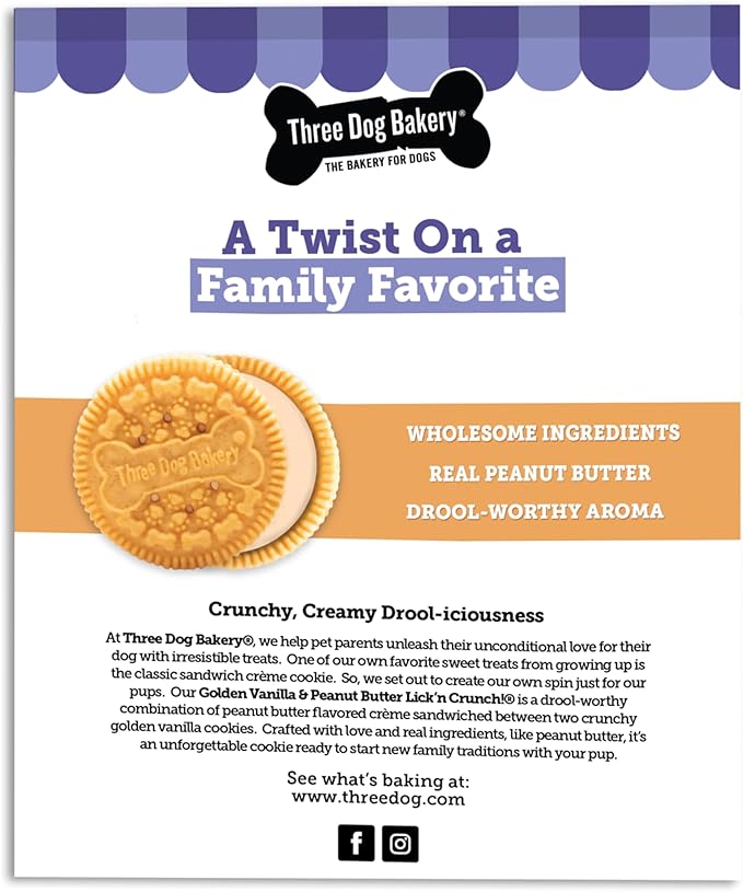 Three Dog Bakery Classic Cremes Baked Dog Treats, Golden with Peanut Butter Filling, 13 oz,Brown,310077 - PAWPICO