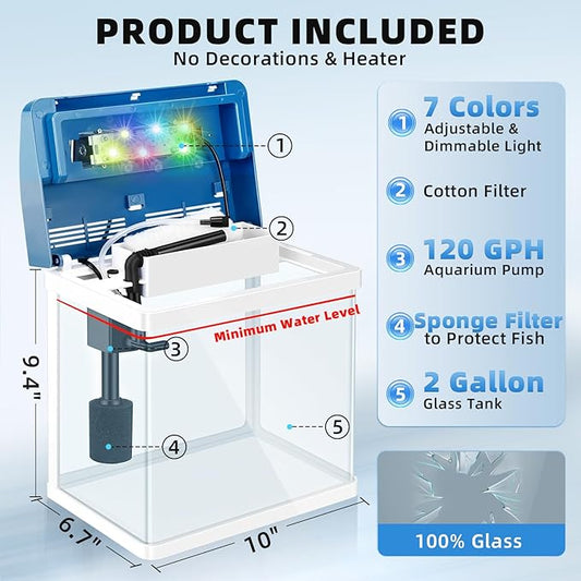 Small Fish Tank 2 Gallon Glass Aquarium Starter Kits, Desktop Betta Fish Tank Beta Fish Aquariums with Filter and Light for Betta Shrimp Guppy Jellyfish Goldfish Beta, Room Desktop Decor, Gifts Wuyusile