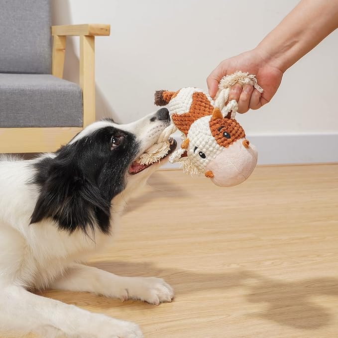 Sedioso Dog Toys, Dog Plush Toy for Large Breed, Cute Squeaky Dog Toys with Crinkle Paper, Dog Chew Toys for Puppy, Small, Middle, Big Dogs (Cow) - PAWPICO