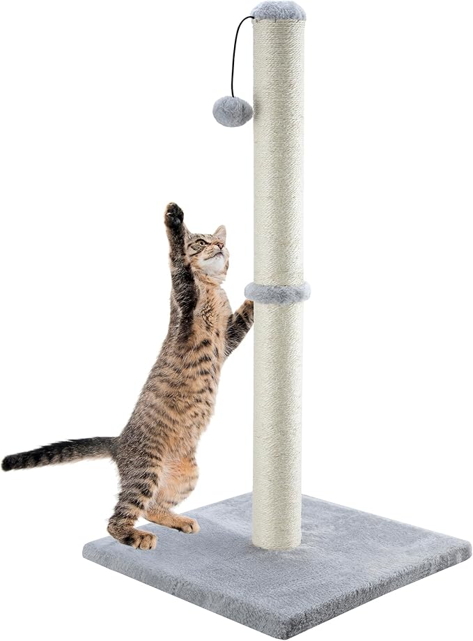 Dimaka 34" Tall Cat Scratching Post for Large Cats and Kittens, High Vertical Scratcher with Premium Natural Sisal Rope and Interactive Hanging Ball for Indoor Cats(Grey, 34 inches) - PAWPICO