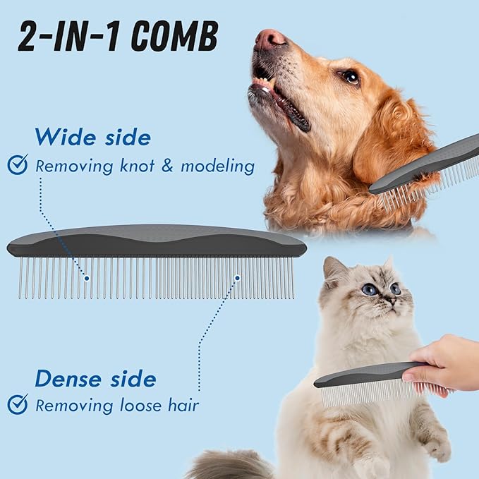 Pet Grooming Brush and Metal Comb Combo, Cat Brush Dog Brush for Shedding, Undercoat Rake for Dogs Grooming, Dematting Deshedding Brush Dogs Shedding Tool for Long matted Haired Pets, Gray - PAWPICO